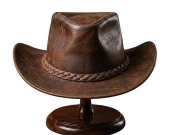 Distressed Brown Leather Cowboy Hat | Braided Band Western Rancher Style