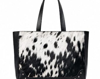Black White Cowhide Tote Bag | Western Hair-on Leather Shoulder Handbag
