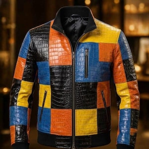 Multi-Colour Patchwork Crocodile Embossed Leather Bomber Jacket | Exotic Streetwear Coat