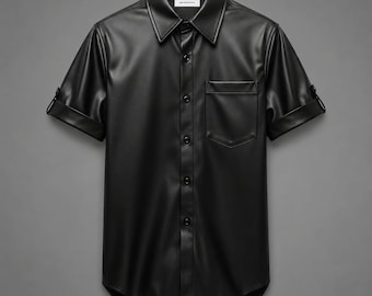 Men's Black Faux Leather Short Sleeve Shirt, Oversized Streetwear Button-Up