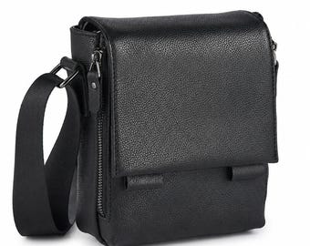 Men's Black Leather Crossbody Bag, Minimalist Messenger Sling Bag