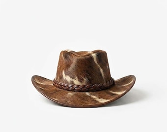 Authentic Cowhide Western Hat – Braided Leather Band, Exotic Fur Fedora