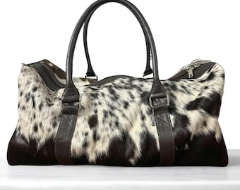 Handmade Cowhide Leather Duffel Bag | Spotted Hair-on-Hide Travel Weekender Gym Bag