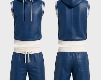 Men's Blue Faux Leather Sleeveless Hoodie Shorts Set, Streetwear Summer Outfit