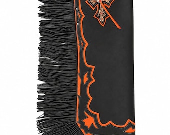 Men's Western Leather Chaps with Fringe | Black Orange Gothic Cross Biker Leggings