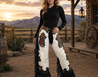 Handmade Women’s Western Chaps – Fringe Leather Cowgirl Rodeo Wear Chaps