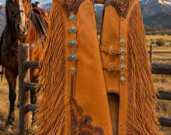 Hellbraune Wildleder Reitchaps - Western Fransen, Türkis Akzente, Rodeo Ausrüstung