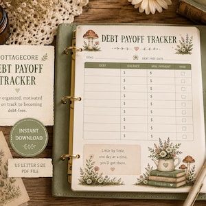 May include: A cottagecore-themed debt payoff tracker with a green binder, pen, and decorative elements. The tracker includes sections for debt, balance, and minimum payment. The text reads "Stay organized, motivated and on track to becoming debt-free."