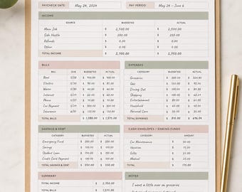 May include: A beige and white paycheck budget planner with sections for income, bills, expenses, and savings. The planner includes a summary and notes section, with the text "A Budget Today, Freedom Tomorrow."
