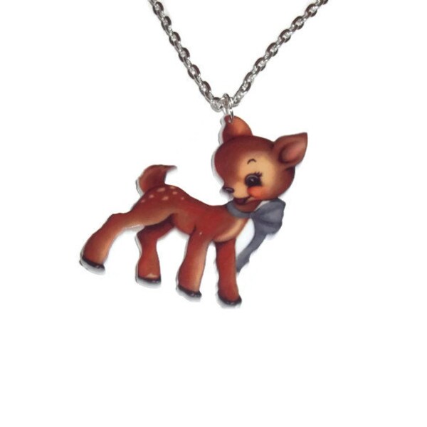 Vintage Deer Illustration Necklace, Cute Kawaii Fawn, Retro Animal Baby