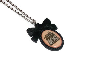 Typewriter Necklace, Black Cameo Cute Illustration