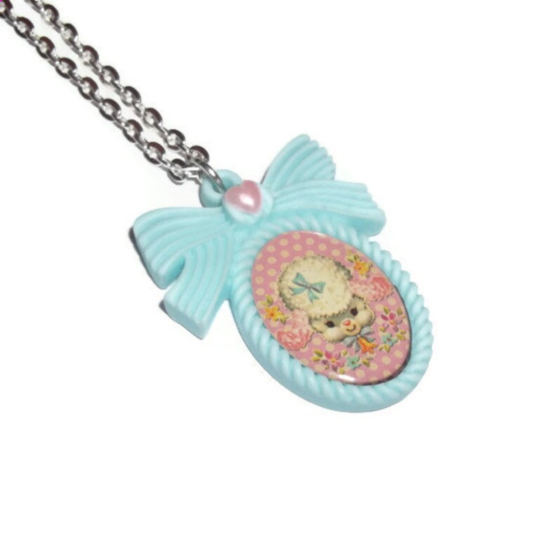 Retro Cameo Necklace Cute Kawaii Vintage Style Mint Green Baby Lamb Necklace