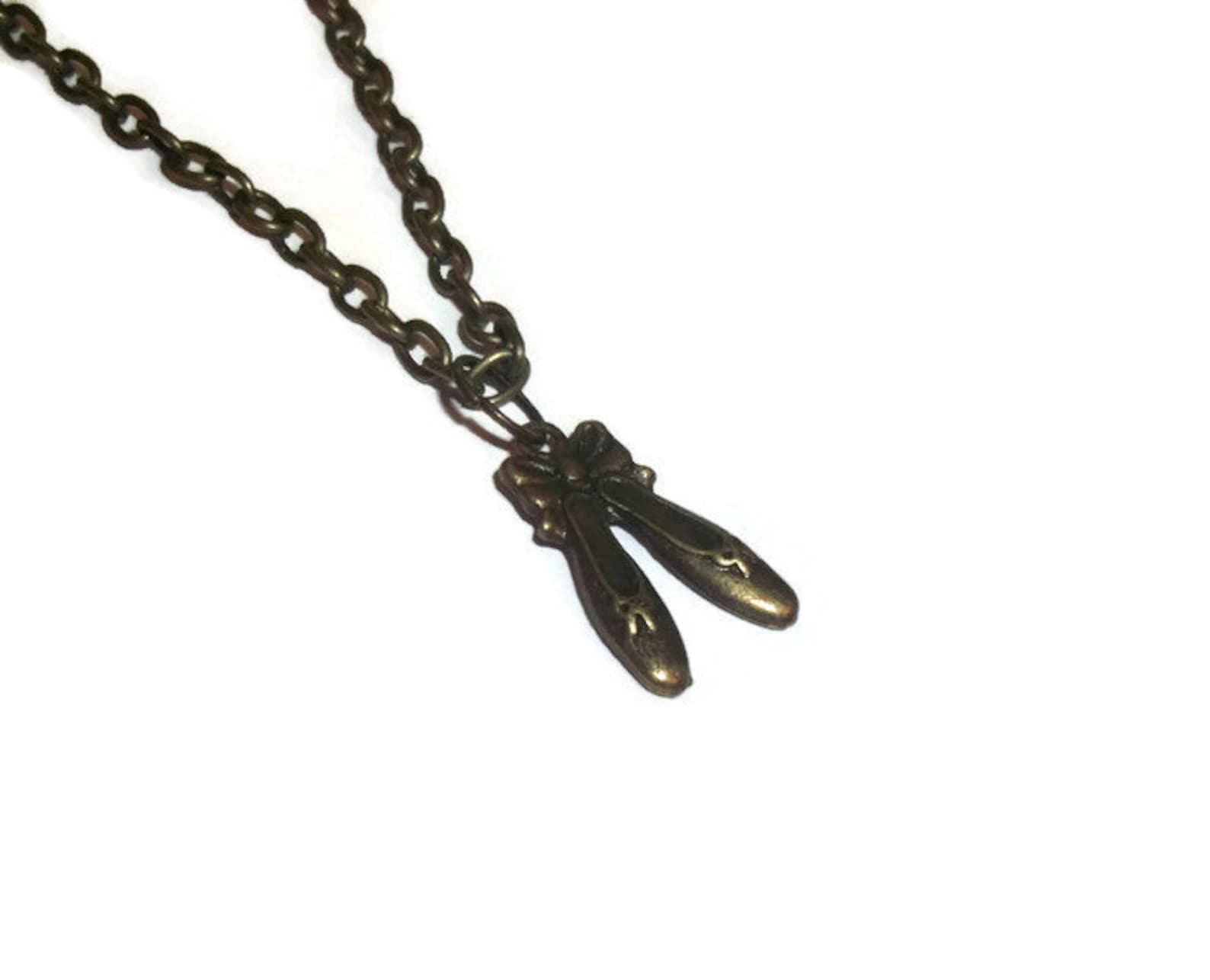 ballet shoes necklace, cute bronze charm pendant, girly dancing