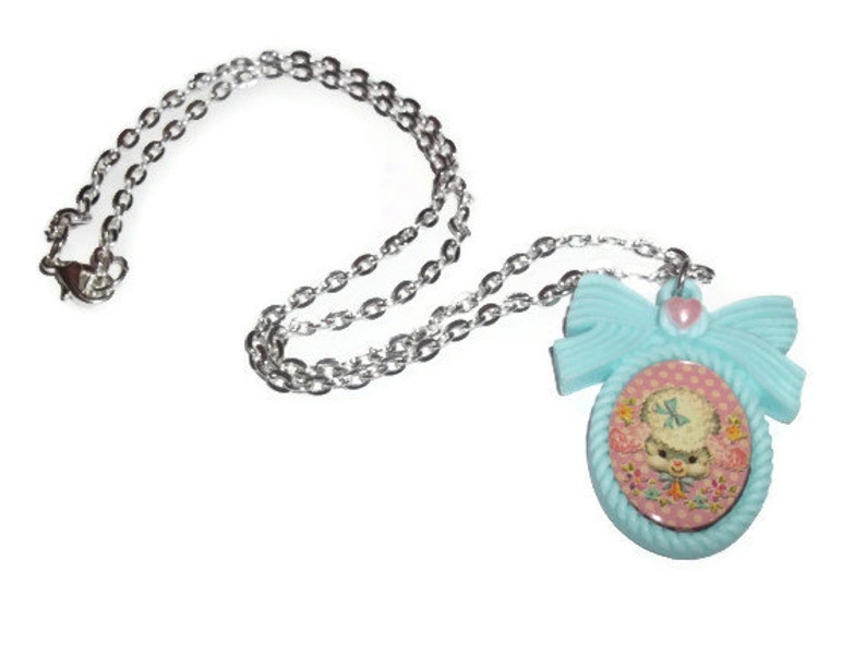 Retro Cameo Necklace Cute Kawaii Vintage Style Mint Green Baby Lamb Necklace