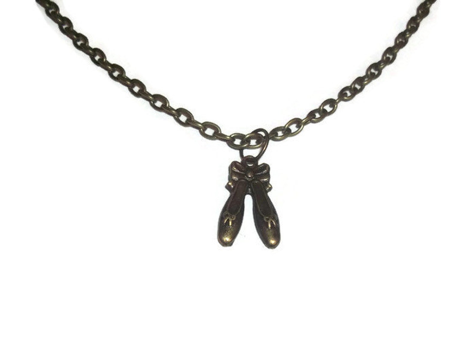 ballet shoes necklace, cute bronze charm pendant, girly dancing