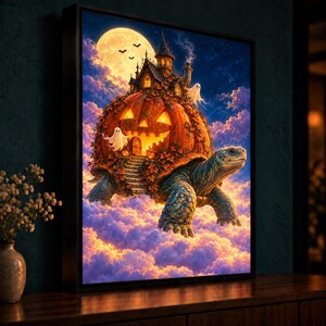 Puede incluir: Una impresión de arte mural enmarcada que muestra una tortuga grande con un caparazón de calabaza gigante brillante. El caparazón de calabaza presenta una casa pequeña, escaleras de piedra y fantasmas blancos bajo una luna llena.