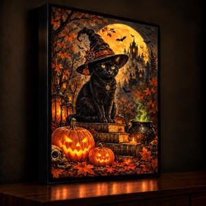 Puede incluir: Una impresión artística enmarcada que muestra un gato negro con sombrero de bruja y collar de pentagrama, sentado sobre una pila de libros. La escena incluye calabazas iluminadas, un caldero humeante, hojas de otoño y una gran luna llena.