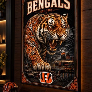 Könnte beinhalten: Ein rechteckiger Wandkunstdruck mit einem knurrenden Tiger mit orangefarbenem und schwarzem Fell, dem Text CINCINNATI BENGALS EST. 1967, einer nächtlichen Skyline und dem Bengals-Logo. Das Kunstwerk ist schwarz gerahmt und hängt an einer dunklen Holzwand.