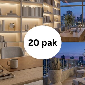 May include: A 20 pak of digital interior design renderings featuring a modern home office with built-in bookshelves, a wooden desk, a leather desk mat, a ceramic mug, a pen tray, and a balcony with outdoor furniture overlooking a city skyline.