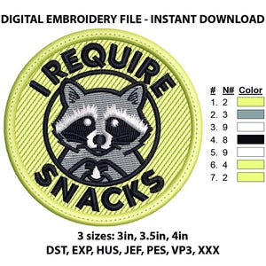 Raccoon Snack Lover Embroidery Design, Funny Animal Patch (Digital Download)