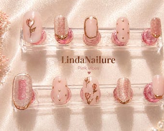 Classy Pink Vibes Press On Nails | Hand-Painted Nail Set, Coquette Style