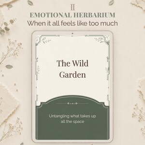 Peut inclure: Un écran de tablette numérique rectangulaire affichant un graphique avec le texte II EMOTIONAL HERBARIUM When it all feels like too much, The Wild Garden, et Untangling what takes up all the space. Le design présente un fond crème avec des accents vert foncé et des bordures fines en art linéaire botanique.
