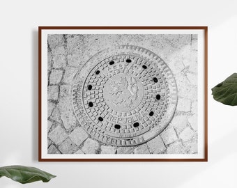 Czech Republic art gift for him - Czechia Prague photography print - Cobblestone street grate - Black and white office decor