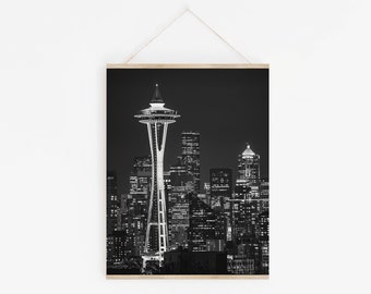 Seattle photography - Black and white skyline - Space Needle photo print - Washington wall art - PNW travel decor - Cityscape