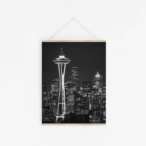 Seattle photography - Black and white skyline - Space Needle photo print - Washington wall art - PNW travel decor - Cityscape