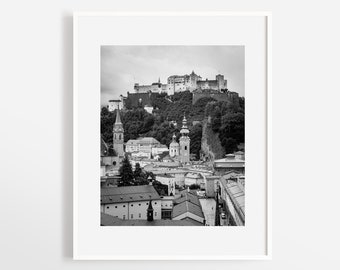 Black and white Salzburg Austria photo print - Travel photography - Large wall print - European city wall decor - Hohensalzburg - Framed