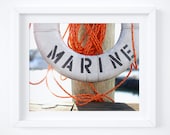 Marine nautical photography print - Travel wall art - Beach house decor- Bright orange, scarlet - Sailing life preserver photo - 8x10