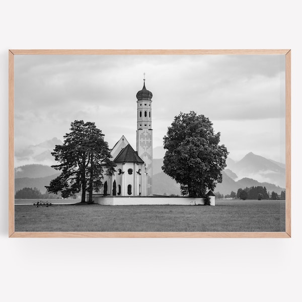 Germany wall art black and white - German photography print - Bavarian church Country chapel - Europe travel prints travel gallery wall