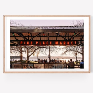 Pike Place Market photo prints - Seattle wall art print - Elliott Bay Puget Sound fine art photography - Bus stop Fathers Day gift