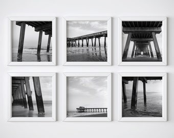 Set of 6 prints - Square black and white photo print set - Boyfriend photo gift - Tybee Island pier photography - Matching art