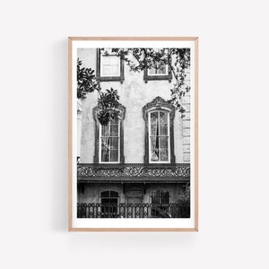 May include: Black and white photograph of a historic building facade. The image features ornate windows, a wrought-iron balcony, and a wooden frame. The building is partially obscured by tree branches, adding a natural element to the architectural scene.
