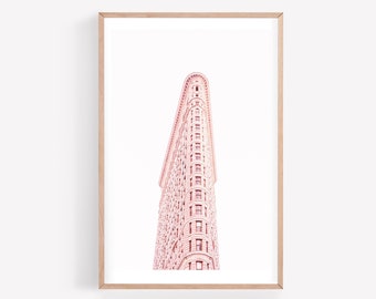 Boho pink wall art - New York City print - Minimalist wall art, Flatiron Building New York art print, Blush pink decor,