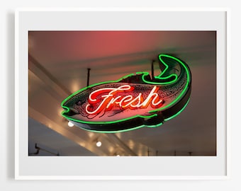 Pike Market neon fish - Seattle market place print - Retro sign photograph - Travel wall decor - PNW Washington photos - 8x10 8x12 12x18 +