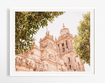 May include: A framed print of a historic cathedral with ornate architectural details. The beige stone building features multiple towers, a clock, and decorative carvings. Green foliage frames the top and sides of the image, creating a natural border.