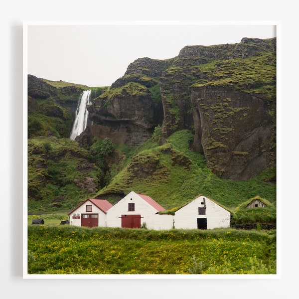 Small Iceland art print - 5x5 inches square - Huts near Vik Iceland photography - Travel photo prints - Stocking stuffer, gift under 20