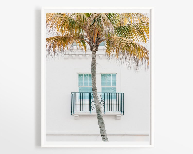Puede incluir: Un edificio blanco con una sola ventana y un balc&oacute;n de hierro forjado negro. Una palmera con hojas verdes y amarillas est&aacute; delante del edificio.