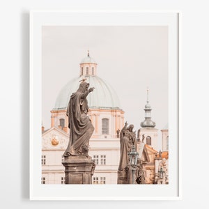 Charles Bridge Prague print - Mint peach blush pink wall art - Original Europe art photography - St. John the Baptist statue Black and white