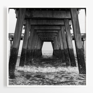 Black and white photo print - Beach pier wall art - Tybee Island - Coastal ocean photo - Fathers Day photo gift -  Large square art 16x16+