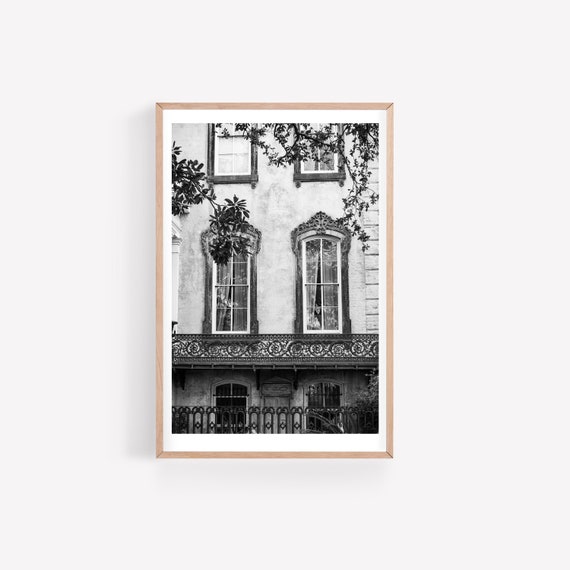 Black and white Savannah GA Georgia photo print - Noble Hardee southern mansion - travel wall art print - 11x14 12x18 16x20 + more