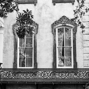 May include: Black and white photograph of a historic building facade. The image features ornate windows with decorative frames, a wrought-iron balcony, and a textured exterior wall. Foliage frames the top of the building.