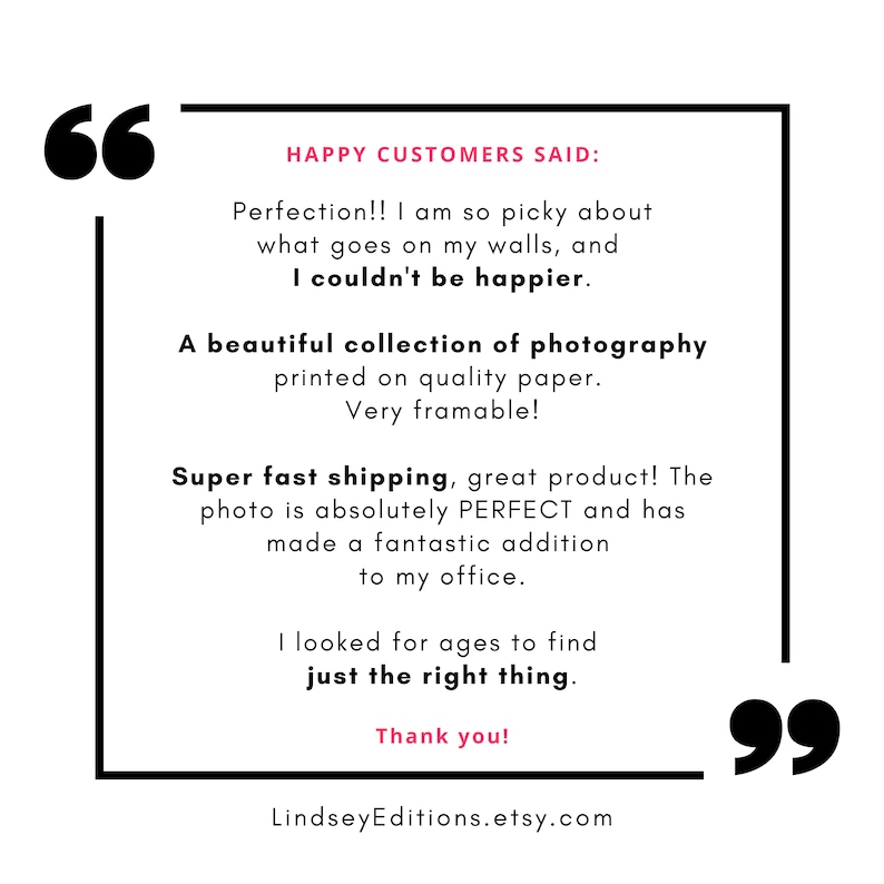 Pu&ograve; includere: Uno sfondo bianco con un bordo nero contiene testimonianze dei clienti. Il testo include frasi come "Happy Customers Said", "Perfection!!" e "Super fast shipping, great product!". Il nome del negozio Etsy, LindseyEditions.etsy.com, &egrave; in basso.