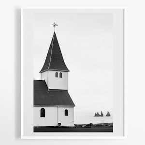Vik Iceland print - Icelandic wall art - Church black and white fine art photography - 5x7 8x12 12x18 16x24 + more