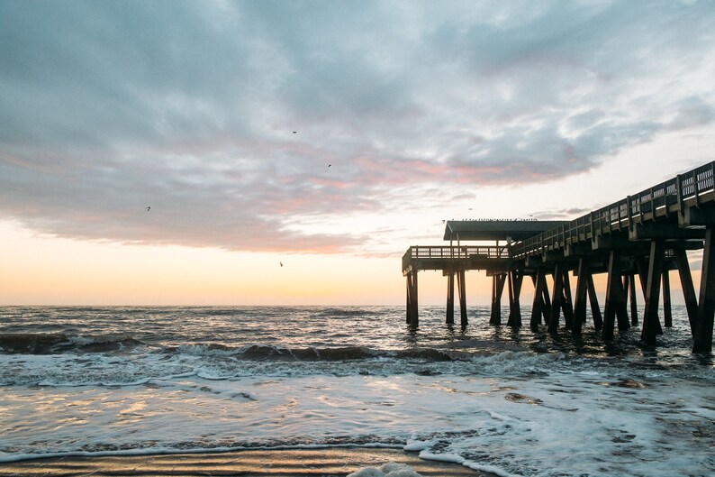 Tybee Island pier photography 5x7 photo print Beach house wall decor Modern coastal art Colorful ocean art