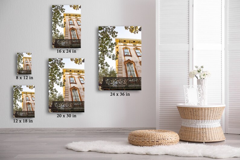 Pu&ograve; includere: Stampe su tela verticali di un edificio storico con balconi e finestre ornate, incorniciate da rami di alberi. Dimensioni: 20 x 30 cm, 41 x 61 cm, 51 x 76 cm, 30 x 46 cm e 61 x 91 cm. L'edificio ha una facciata chiara con dettagli architettonici.