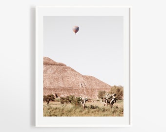 Teotihuacan Mexican Pyramid photograph - Ciudad de Mexico print - Hot air balloon muted colors wall art - Black and white photo print