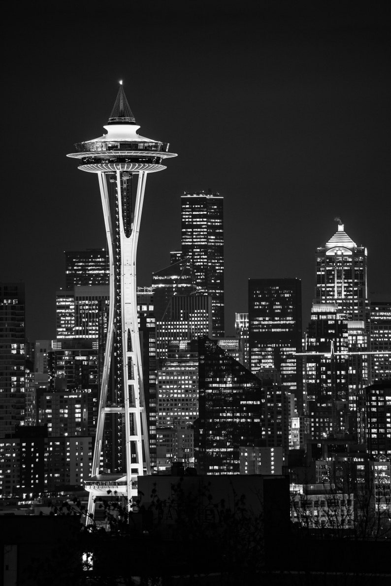 Seattle photography Black and white skyline Space Needle photo print Washington wall art PNW travel decor Cityscape image 2